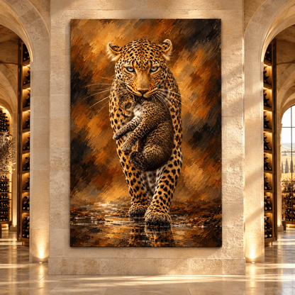 Mother Leopard Carrying Cub Wrapped Canvas Wall Art – African Leopard Wildlife Painting