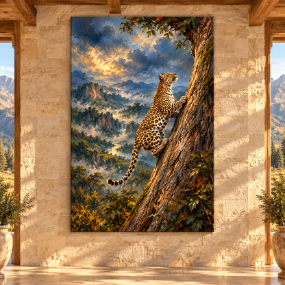 African Leopard Climbing Tree Wrapped Canvas Wall Art – Mountain Jungle Wildlife Painting