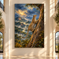 African Leopard Climbing Tree Wrapped Canvas Wall Art – Mountain Jungle Wildlife Painting