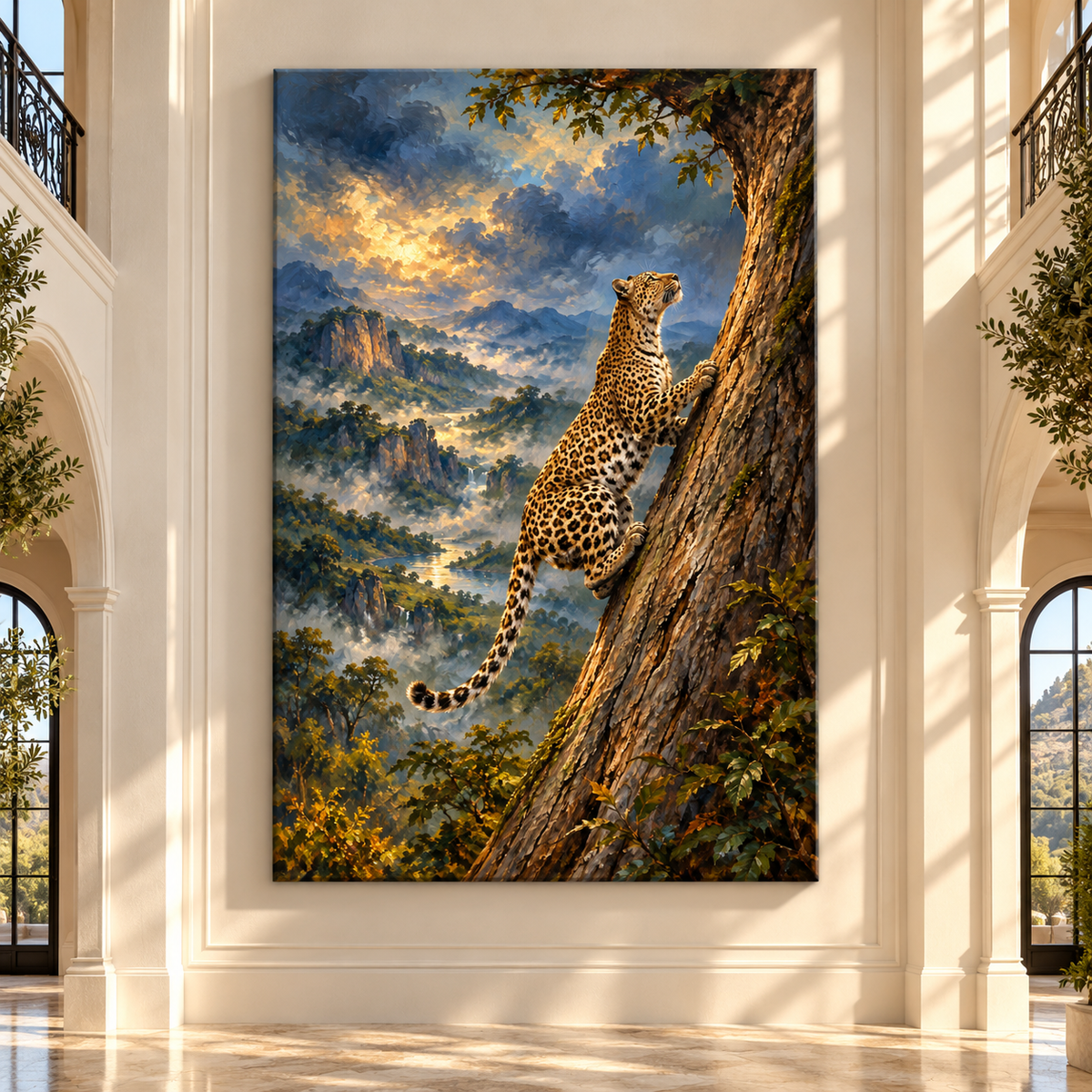 African Leopard Climbing Tree Wrapped Canvas Wall Art – Mountain Jungle Wildlife Painting