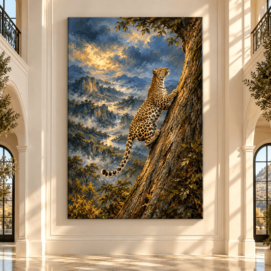 African Leopard Climbing Tree Wrapped Canvas Wall Art – Mountain Jungle Wildlife Painting - ART OF ROYALS