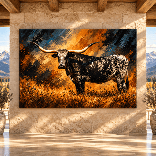 Black and White Texas Longhorn Cow Wrapped Canvas Wall Art – Speckled Longhorn Cattle Painting - ART OF ROYALS