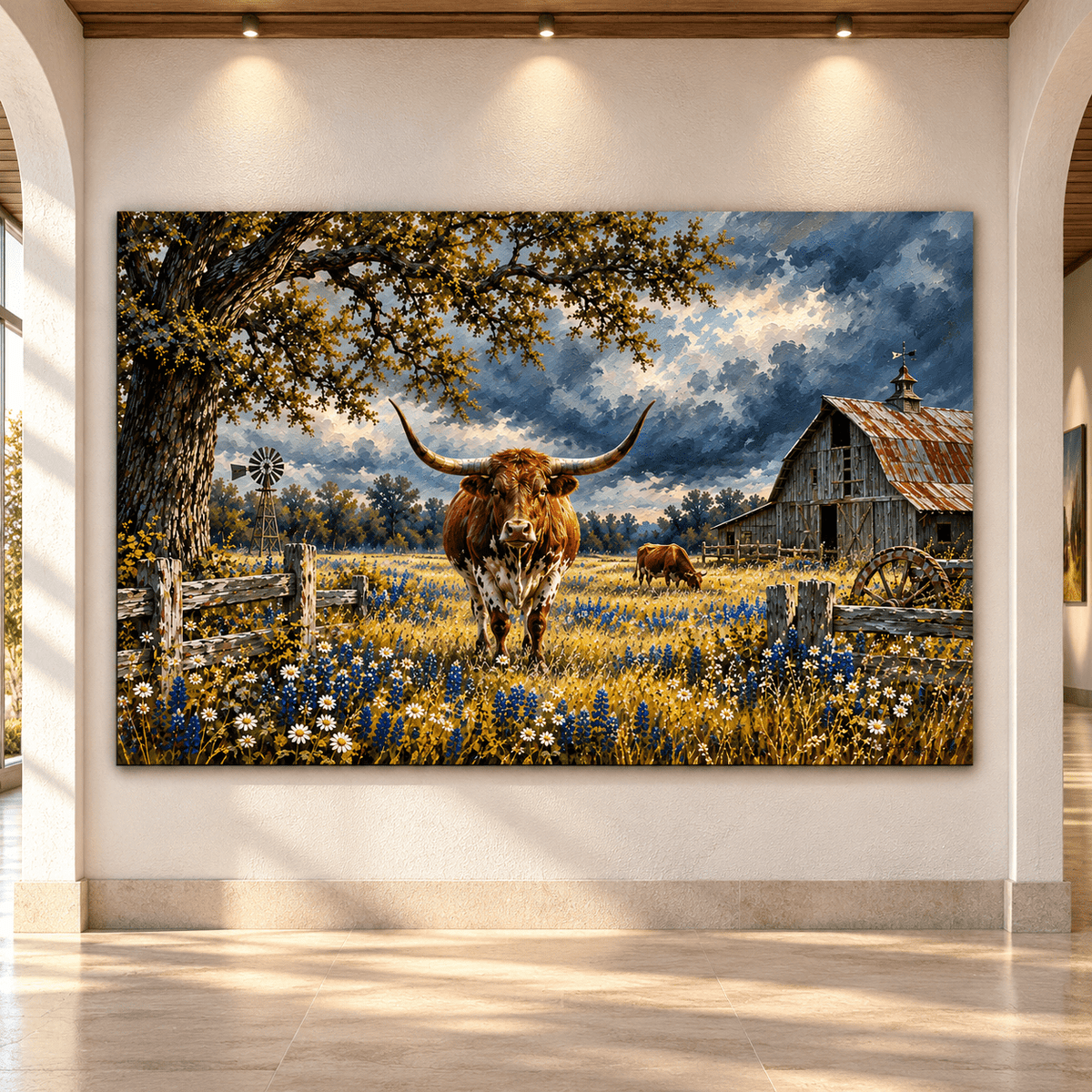 Texas Longhorn Cattle Canvas Wall Art – Rustic Ranch Barn and Bluebonnet Wildflower Painting - ART OF ROYALS