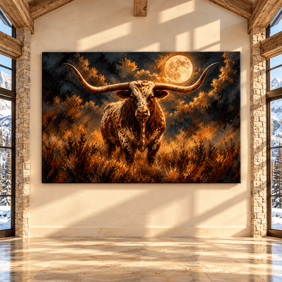 Texas Longhorn Bull Under Full Moon Canvas Wall Art – Majestic Speckled Longhorn Western Oil Painting - ART OF ROYALS