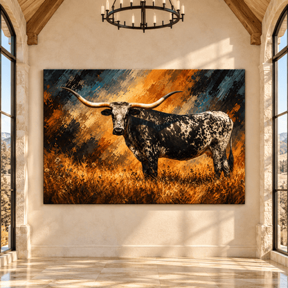 Black and White Texas Longhorn Cow Wrapped Canvas Wall Art – Speckled Longhorn Cattle Painting - ART OF ROYALS