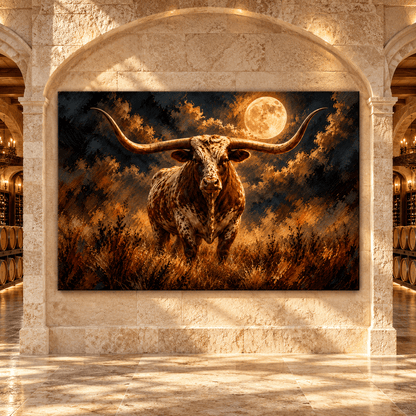 Texas Longhorn Bull Under Full Moon Canvas Wall Art – Majestic Speckled Longhorn Western Oil Painting - ART OF ROYALS