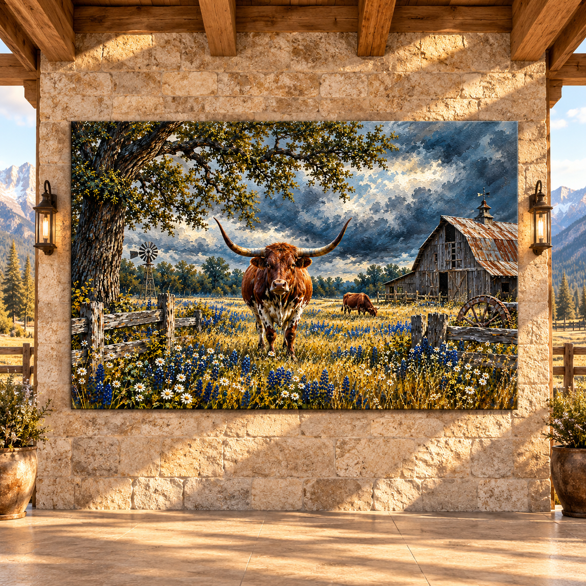 Texas Longhorn Cattle Canvas Wall Art – Rustic Ranch Barn and Bluebonnet Wildflower Painting - ART OF ROYALS