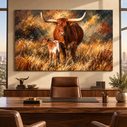 Texas Longhorn Cow and Calf Impasto Palette Knife Wrapped Canvas Wall Art – Mother Cow Ranch Print