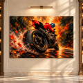 Sport Motorcycle Rider Wrapped Canvas Wall Art – Red Biker Speed & Autumn Road Painting