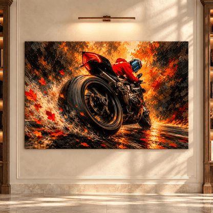 Sport Motorcycle Rider Wrapped Canvas Wall Art – Red Biker Speed & Autumn Road Painting