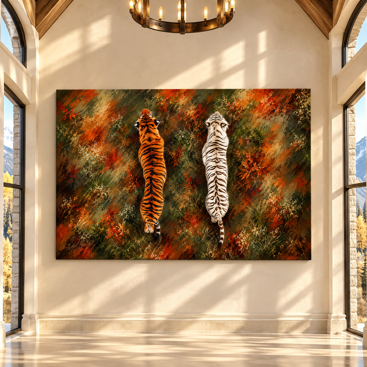 Bengal Tiger & White Tiger Wrapped Canvas Wall Art – Dual Tiger Wildlife Painting