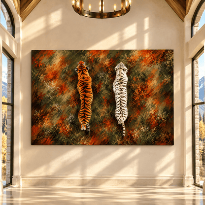 Bengal Tiger & White Tiger Wrapped Canvas Wall Art – Dual Tiger Wildlife Painting