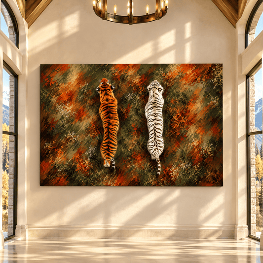 Bengal Tiger & White Tiger Wrapped Canvas Wall Art – Dual Tiger Wildlife Painting - ART OF ROYALS