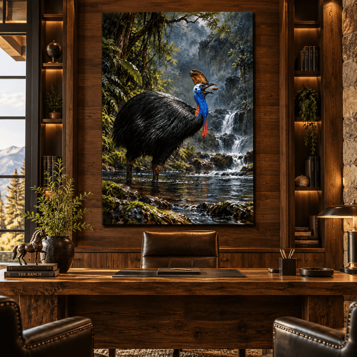 Southern Cassowary Canvas Wall Art – Blue-Necked Tropical Bird in Rainforest Waterfall Oil Painting - ART OF ROYALS