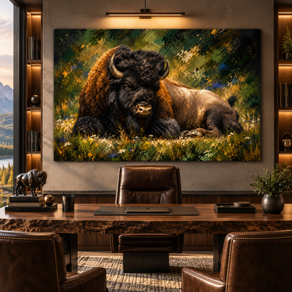 American Bison Resting in Wildflower Meadow Wrapped Canvas Wall Art – Rustic Buffalo Wildlife Painting