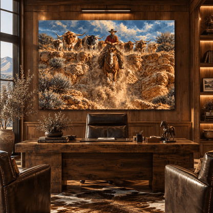 Texas Longhorn Cattle Drive Canvas Wall Art – Cowboy on Chestnut Horse Western Ranch Painting - ART OF ROYALS