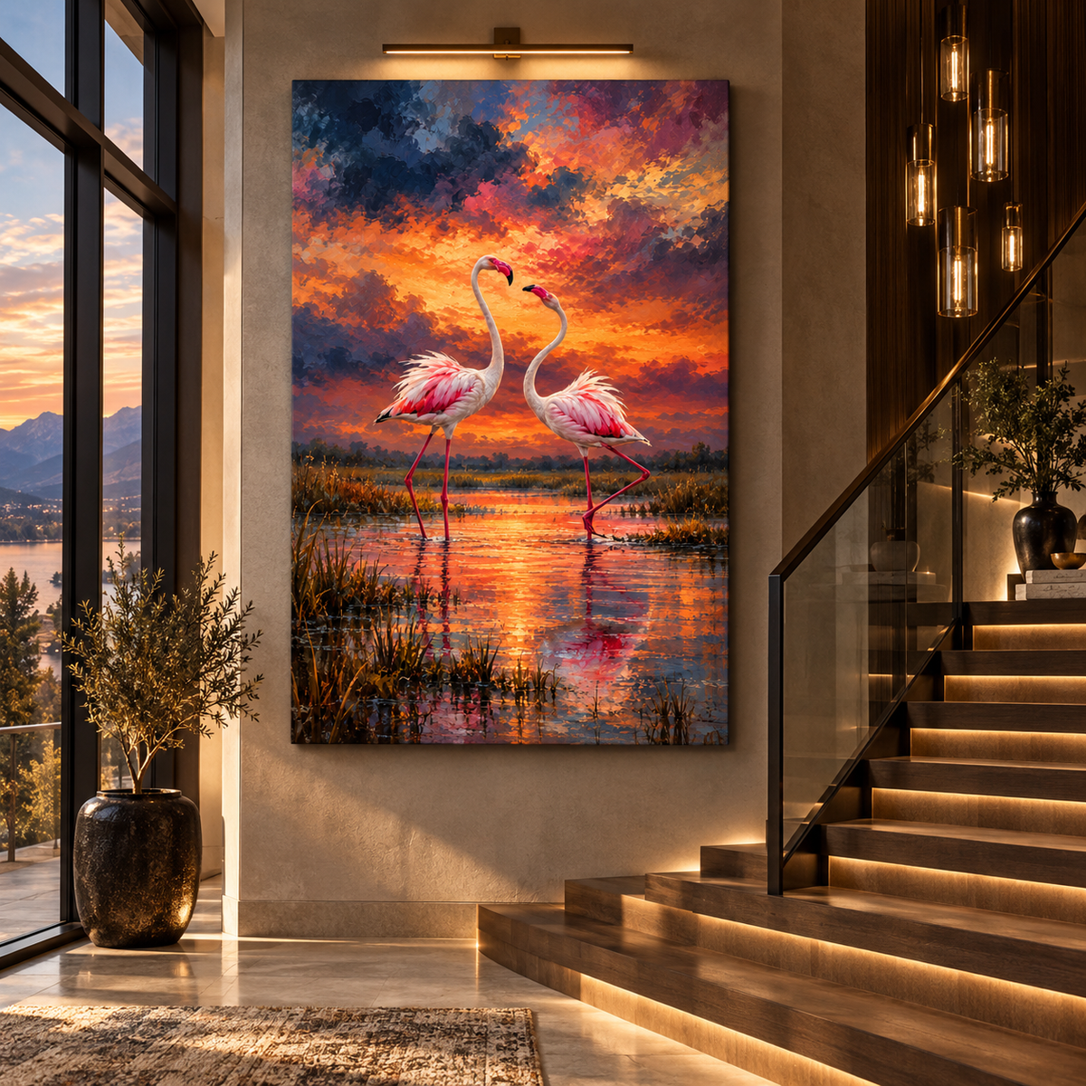 Flamingo Pair at Sunset Wrapped Canvas Wall Art – Romantic Wetland Bird Painting