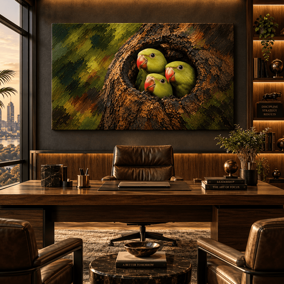 Indian Ringneck Parakeet Trio Wrapped Canvas Wall Art – Rose-Ringed Parakeets in Tree Hollow Painting - ART OF ROYALS