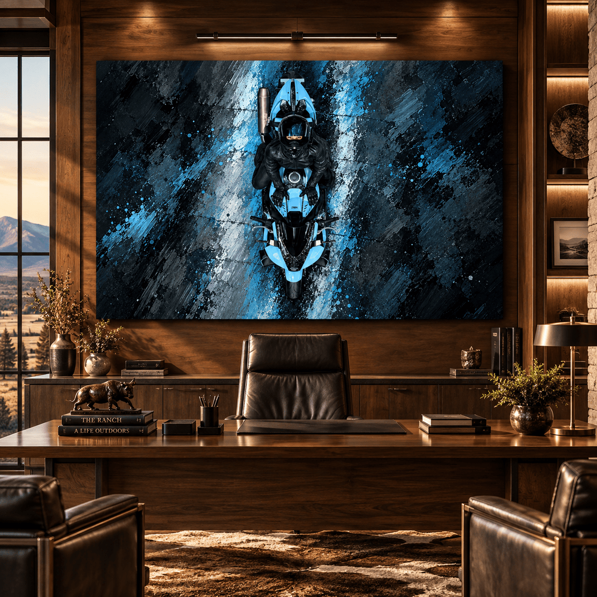 Blue Sport Motorcycle Rider Wrapped Canvas Wall Art – Abstract Biker Racing Painting - ART OF ROYALS