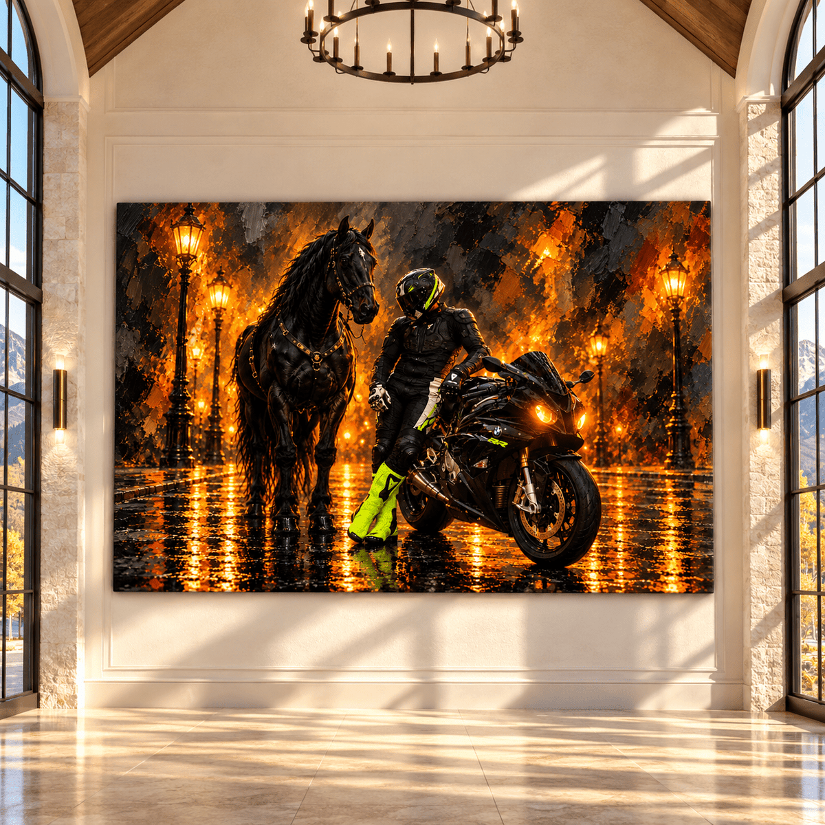 Black Friesian Horse & BMW Sportbike Wrapped Canvas Wall Art – Equestrian Motorcycle Night Painting - ART OF ROYALS