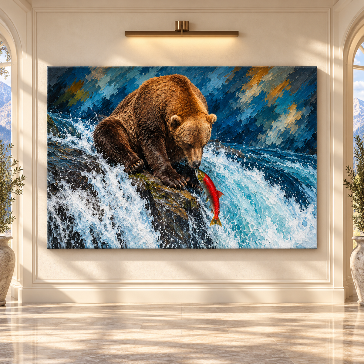 Grizzly Bear Catching Salmon Wrapped Canvas Wall Art – Brown Bear Fishing Wildlife Painting
