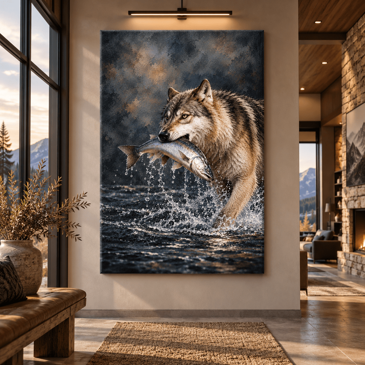 Gray Wolf Catching Salmon Canvas Wall Art – Dramatic River Wildlife Painting - ART OF ROYALS