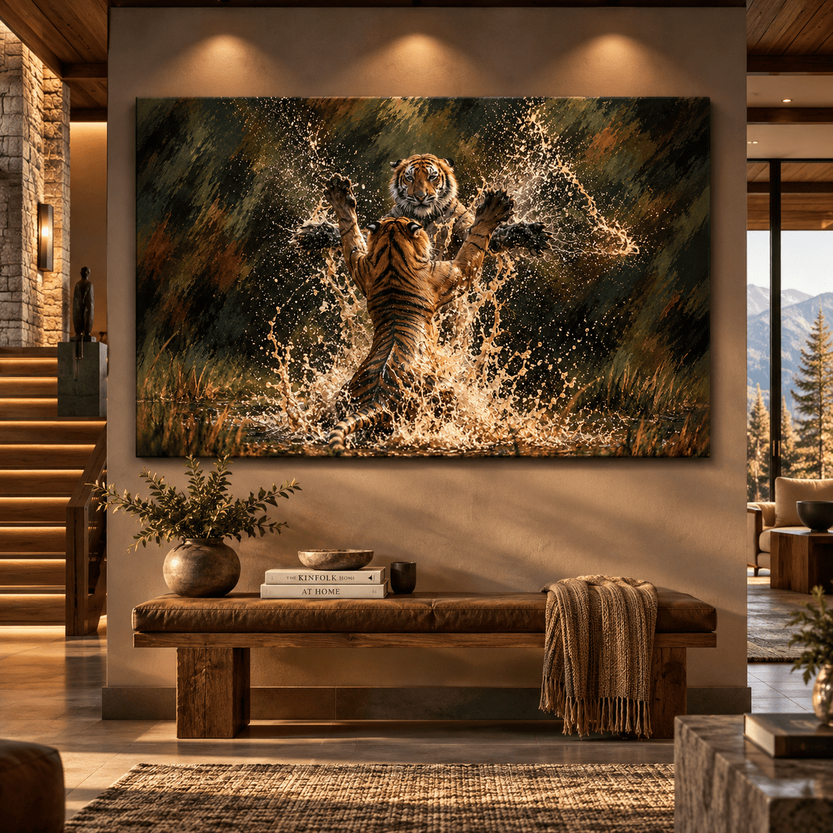 Bengal Tigers Fighting in Water Wrapped Canvas Wall Art – Dramatic Tiger Wildlife Painting - ART OF ROYALS