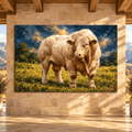 Charolais Bull Canvas Wall Art – Majestic Cream White Cattle in Golden Pasture Oil Painting