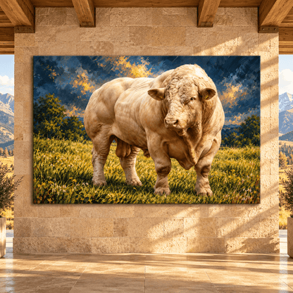 Charolais Bull Canvas Wall Art – Majestic Cream White Cattle in Golden Pasture Oil Painting - ART OF ROYALS