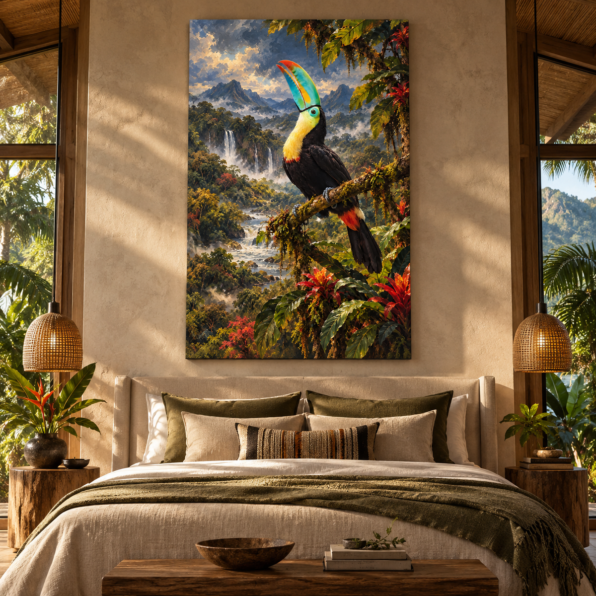 Keel-Billed Toucan in Tropical Rainforest Wrapped Canvas Wall Art – Colorful Jungle Bird Painting