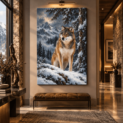 Gray Wolf in Snow Wrapped Canvas Wall Art – Majestic Winter Mountain Wolf Painting - ART OF ROYALS