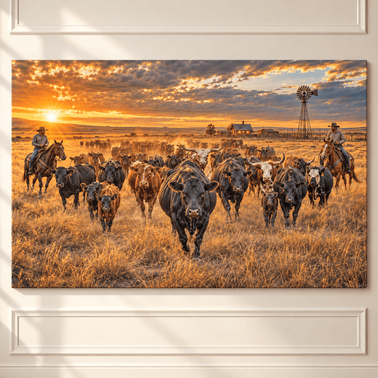 Black Angus Cattle Drive at Sunset Wrapped Canvas Wall Art – Western Cowboys & Ranch Herd Landscape - ART OF ROYALS