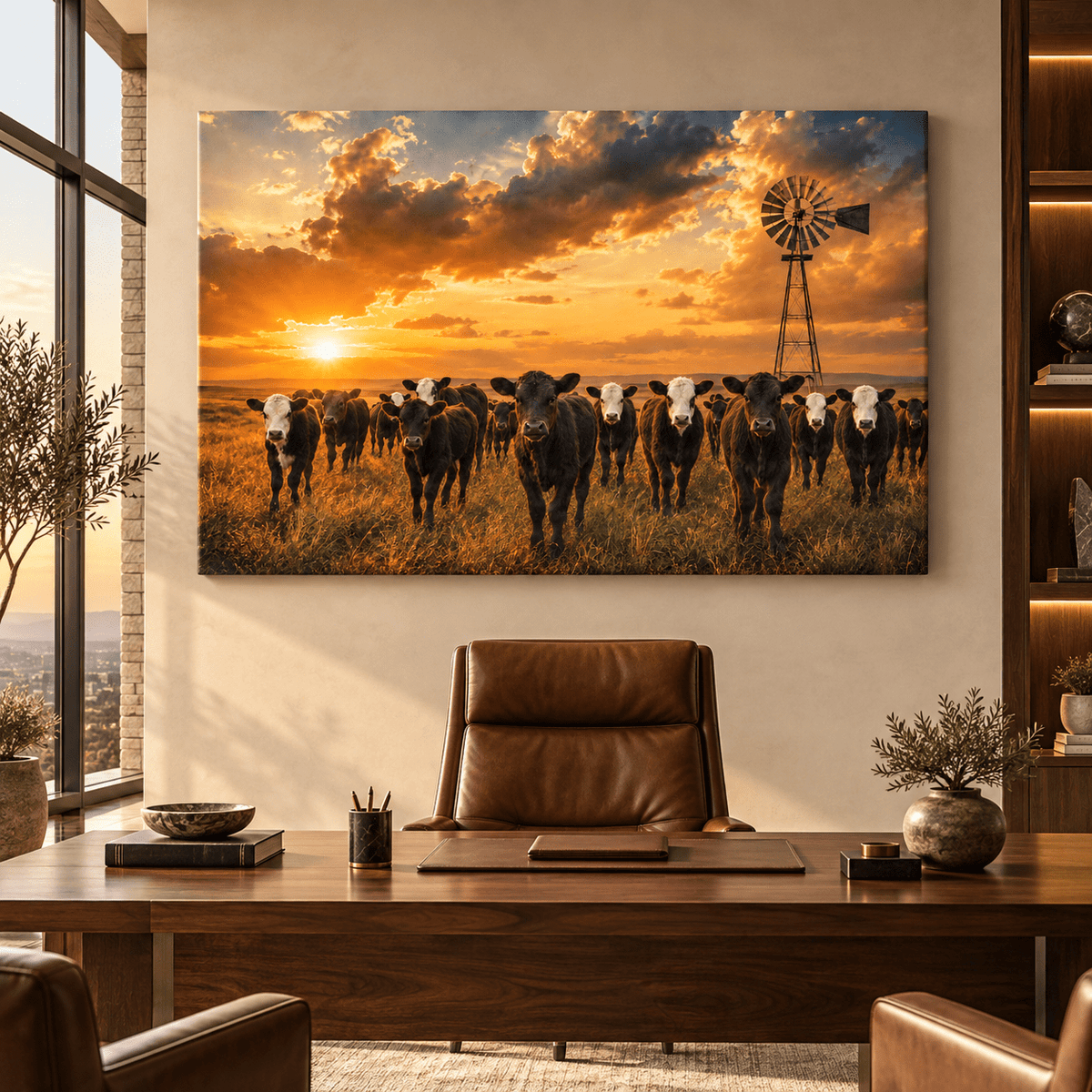 Curious Black Baldy and Black Angus Calves at Golden Sunset Canvas Wall Art – Ranch Calf Herd Print - ART OF ROYALS