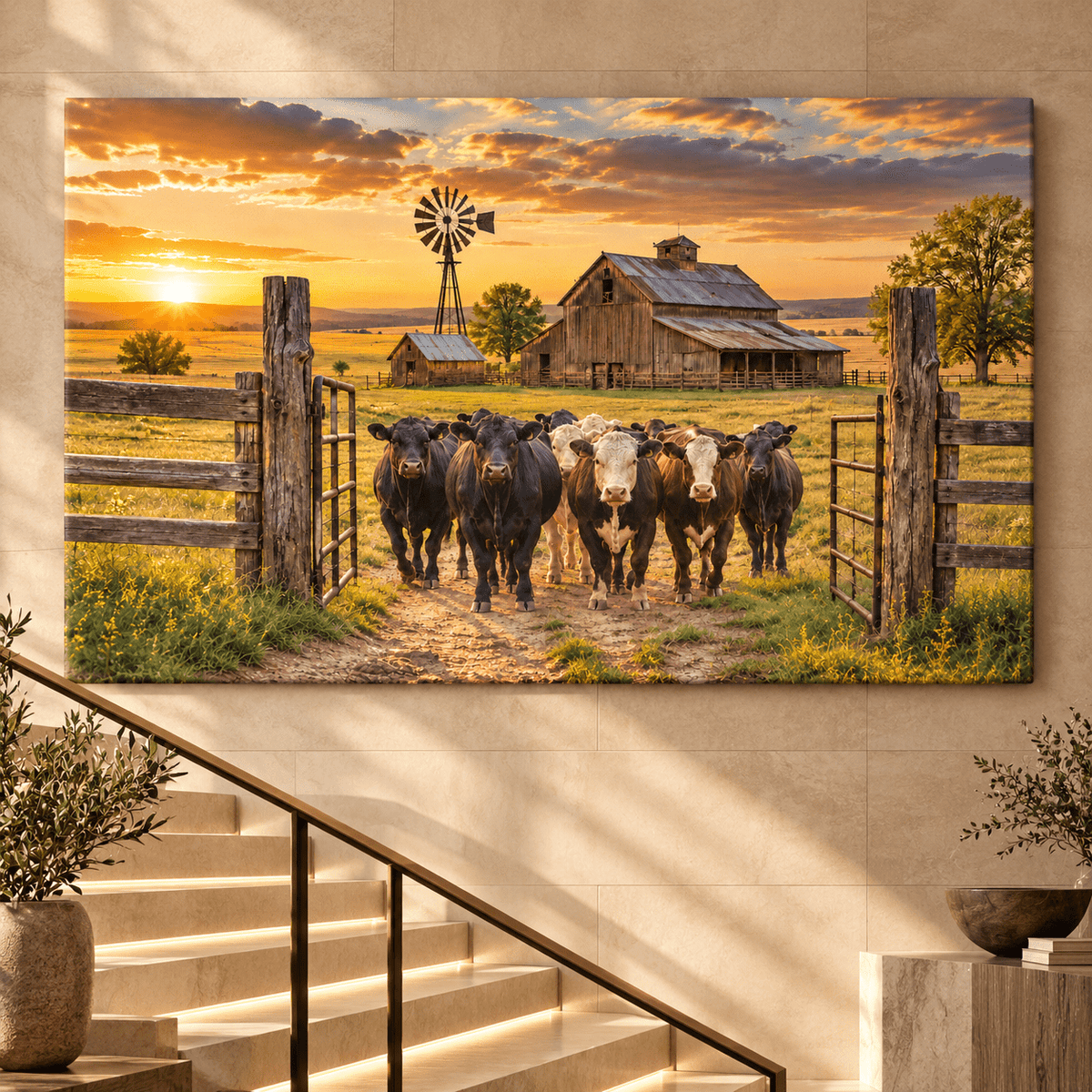 Coming Home – Cattle Herd at the Ranch Gate Canvas Wall Art - ART OF ROYALS
