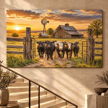 Coming Home – Cattle Herd at the Ranch Gate Canvas Wall Art - ART OF ROYALS