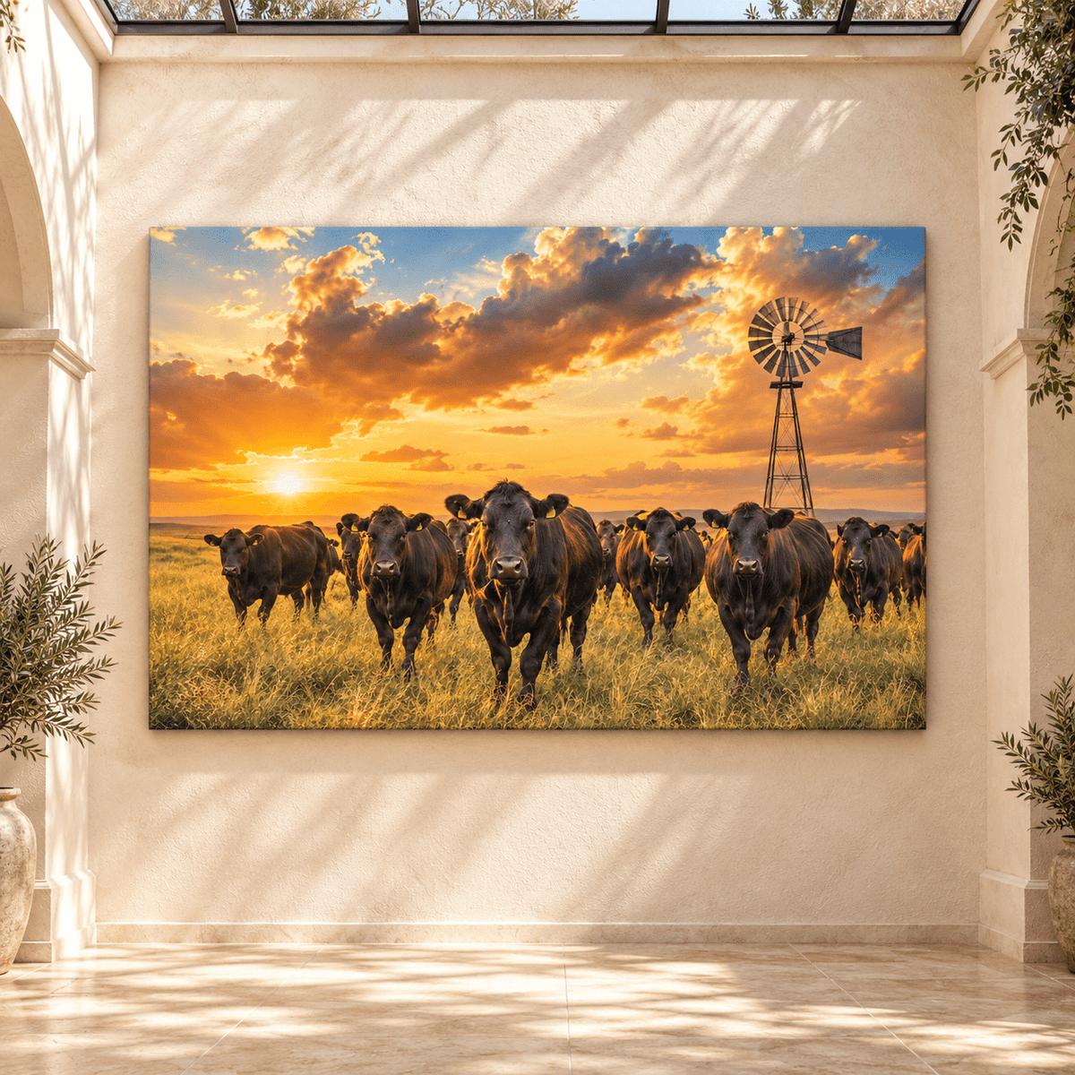Prairie Guardians – Black Angus Cattle Sunset Canvas Wall Art - ART OF ROYALS