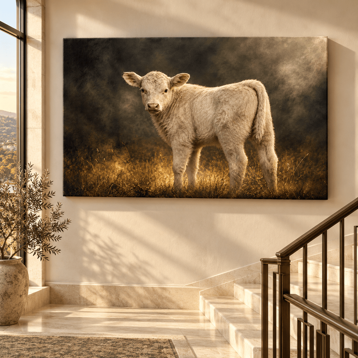 Cream White Charolais Calf in Golden Mist Wrapped Canvas Wall Art – Moody Cattle Portrait Print - ART OF ROYALS