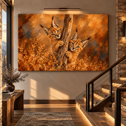 Caracal Kittens Wrapped Canvas Wall Art – African Wild Cat Cubs Painting - ART OF ROYALS
