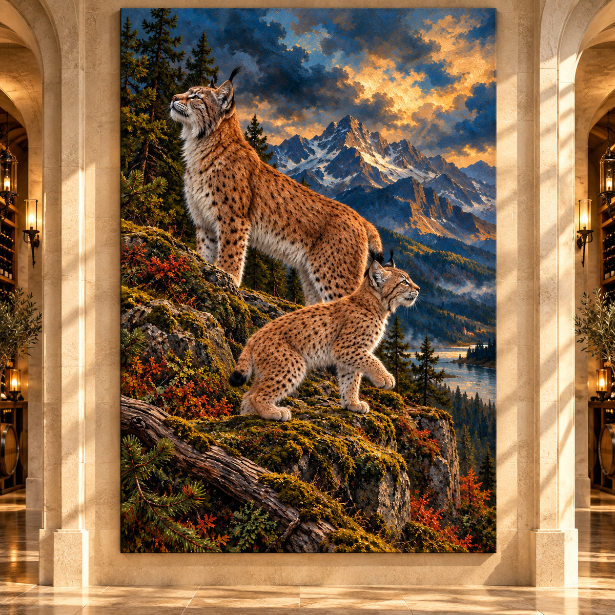 Eurasian Lynx Pair Wrapped Canvas Wall Art – Mountain Wildlife Painting