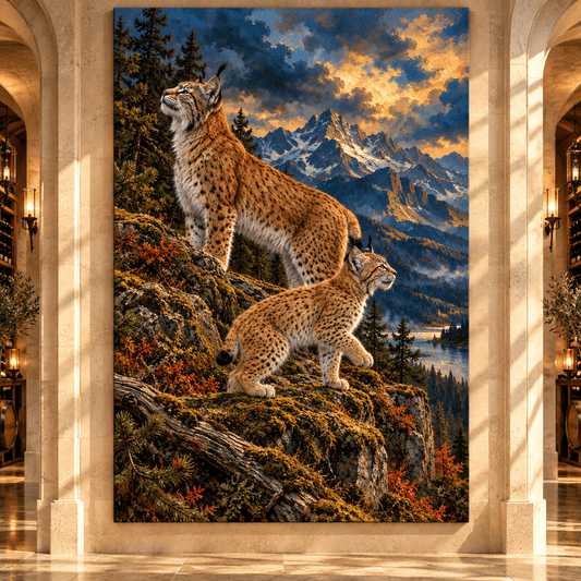 Eurasian Lynx Pair Wrapped Canvas Wall Art – Mountain Wildlife Painting - ART OF ROYALS