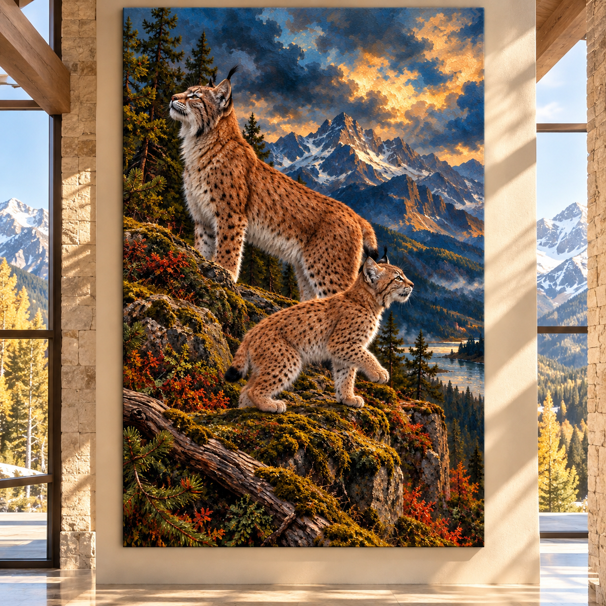 Eurasian Lynx Pair Wrapped Canvas Wall Art – Mountain Wildlife Painting