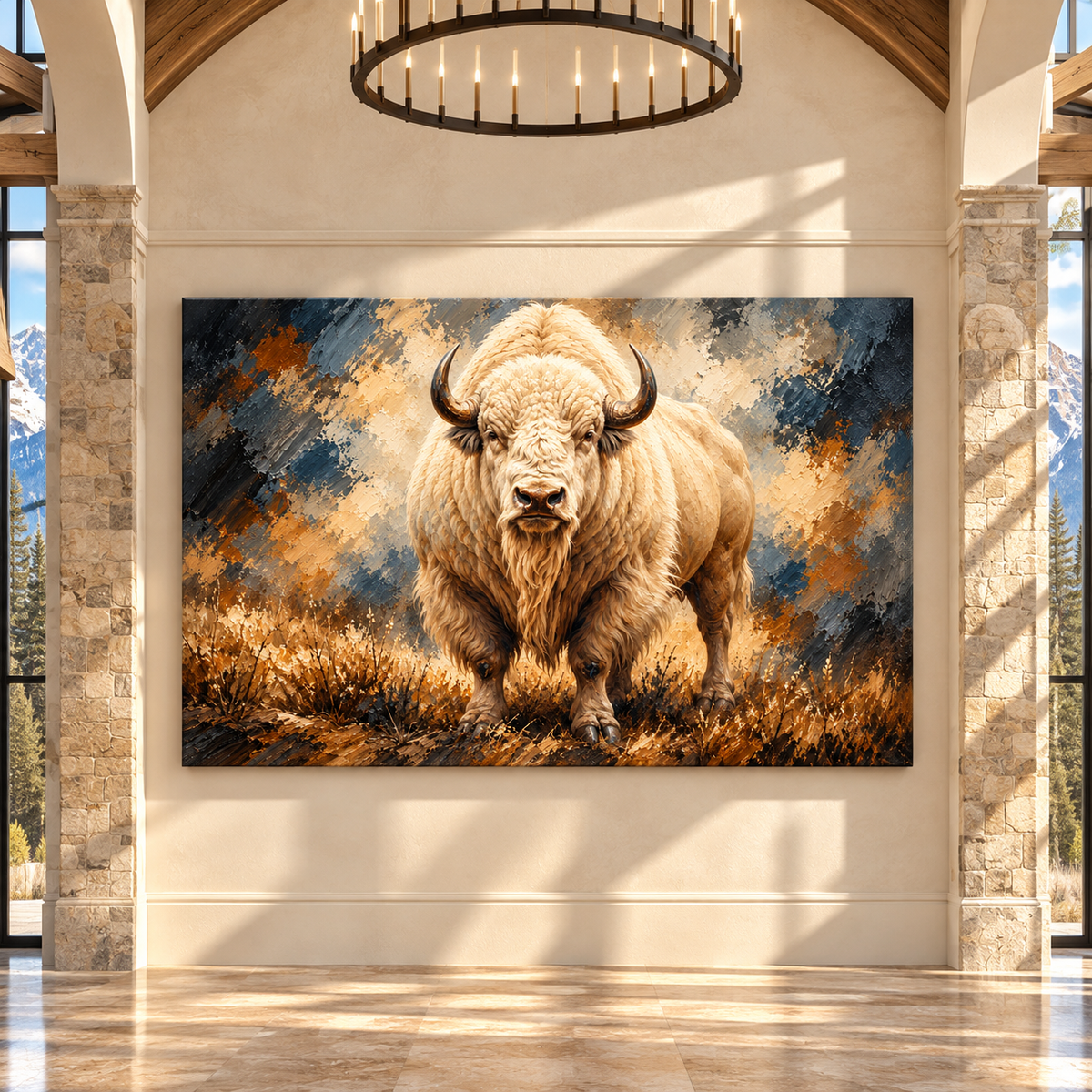 White American Bison Wrapped Canvas Wall Art – Majestic White Buffalo Wildlife Painting
