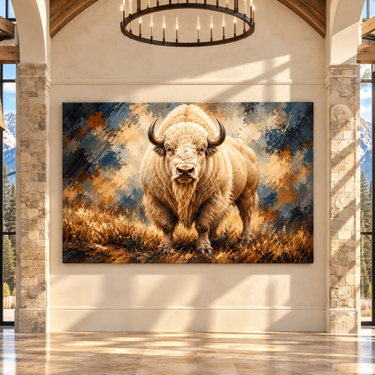 White American Bison Wrapped Canvas Wall Art – Majestic White Buffalo Wildlife Painting