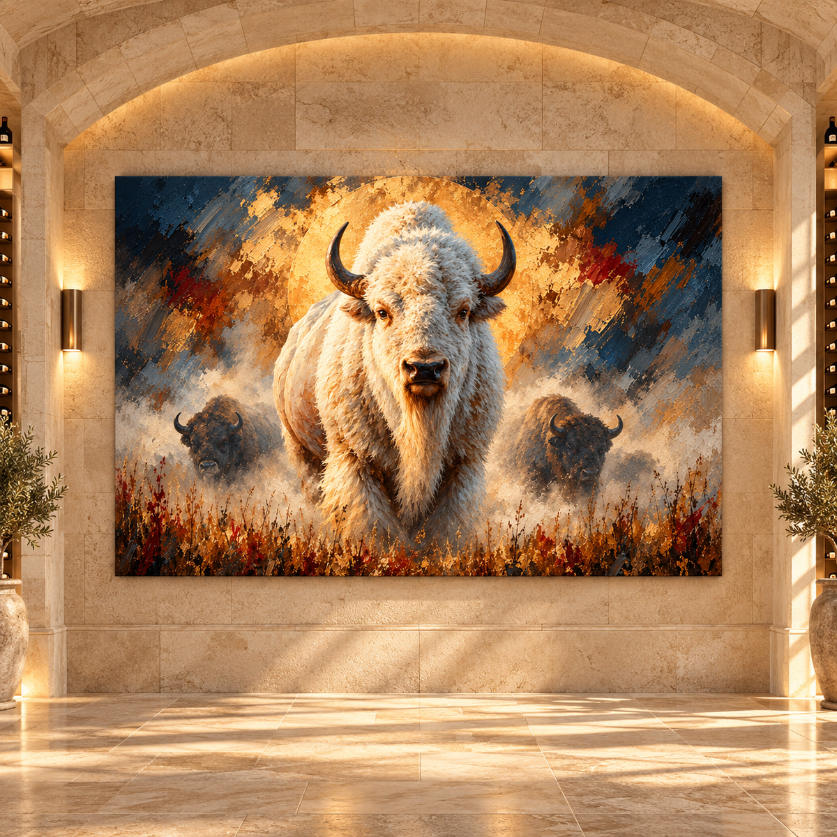 White American Bison Wrapped Canvas Wall Art – Rare White Buffalo Herd Painting