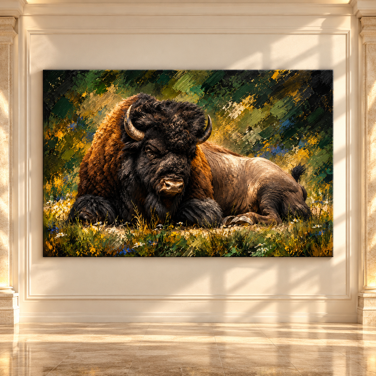 American Bison Resting in Wildflower Meadow Wrapped Canvas Wall Art – Rustic Buffalo Wildlife Painting