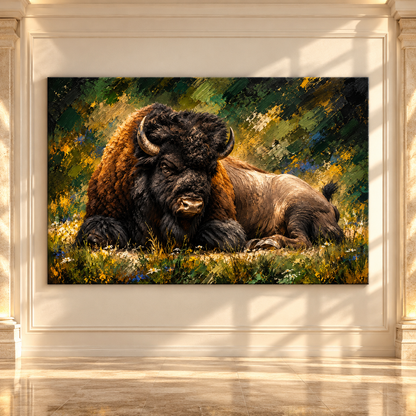 American Bison Resting in Wildflower Meadow Wrapped Canvas Wall Art – Rustic Buffalo Wildlife Painting