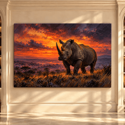 Black Rhinoceros at Sunset Wrapped Canvas Wall Art – African Rhino Wildlife Painting