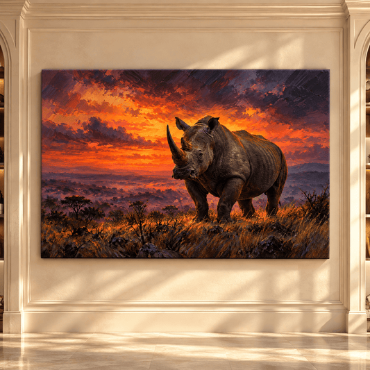 Black Rhinoceros at Sunset Wrapped Canvas Wall Art – African Rhino Wildlife Painting - ART OF ROYALS