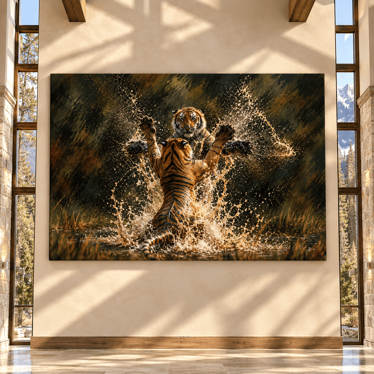 Bengal Tigers Fighting in Water Wrapped Canvas Wall Art – Dramatic Tiger Wildlife Painting - ART OF ROYALS