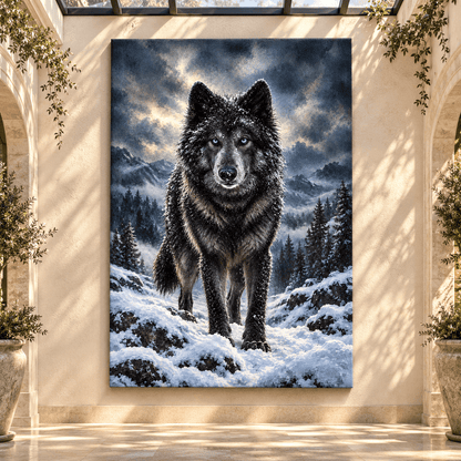 Black Wolf with Blue Eyes Canvas Wall Art – Snowy Mountain Wolf Wildlife Oil Painting - ART OF ROYALS